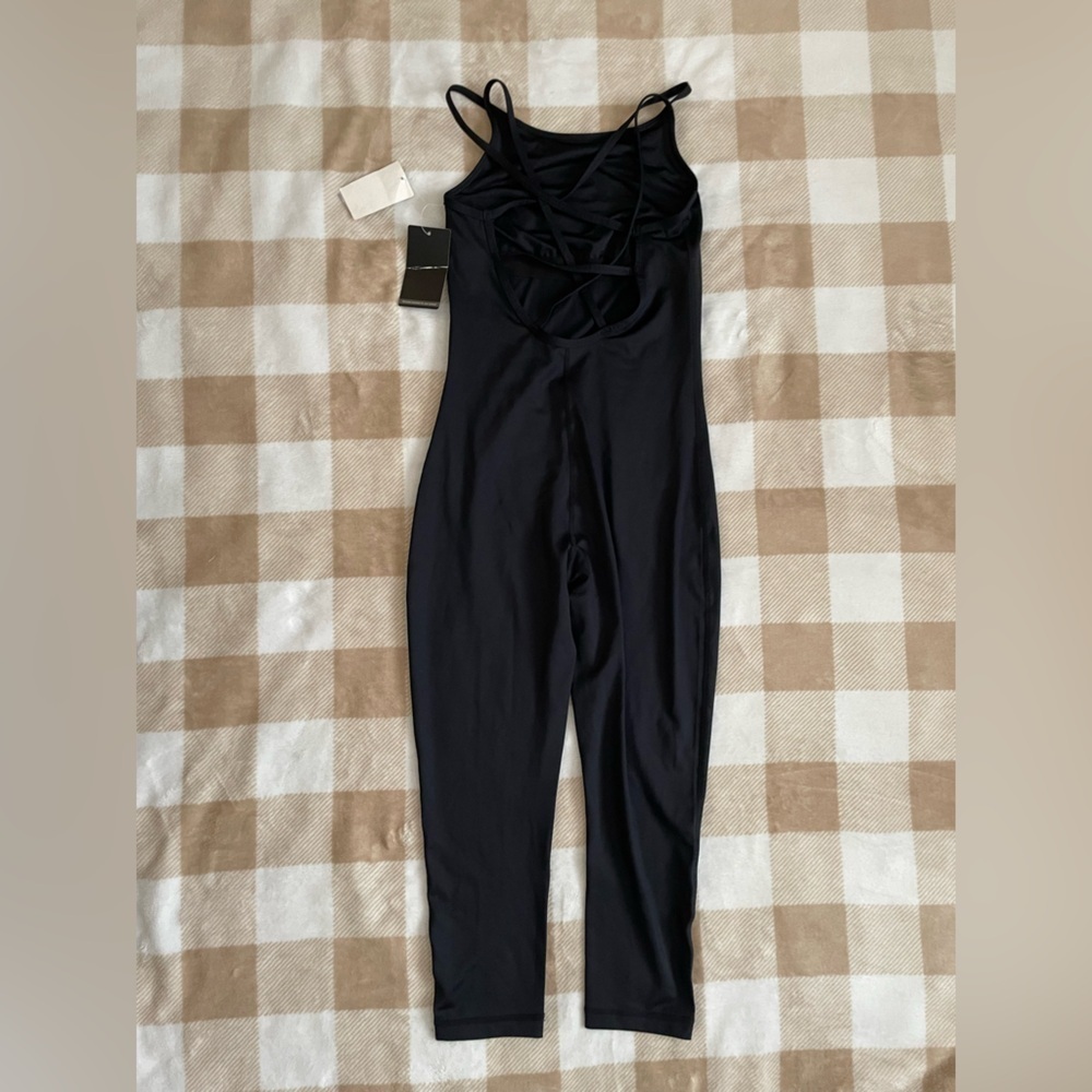 NWT Zella Nordstrom Sleek Black Jumpsuit Capri legging length. Criss cross back